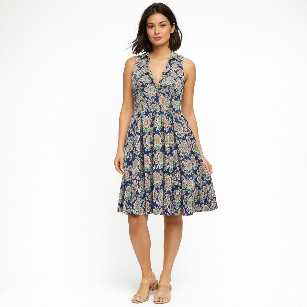 Banjaran Floral Silk Dress Womens XS Blue Knee Length Ruffle Full Skirt Tie Back - Picture 1 of 14